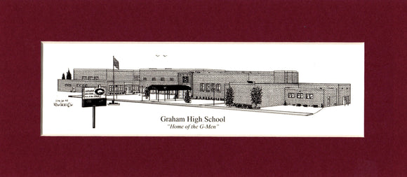 Graham High School pen & ink print (c) 2022 Robert Duff, Sr. - duffcreations.com