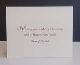  Big Creek High School Christmas Card standing upright against a dark gray background, printed with the message 'Wishing you a Merry Christmas and a Happy New Year! "Home of the Owls"' in red script.