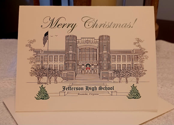 Jefferson High School (former) Roanoke Va -  Christmas Cards (Green Design) & Envelopes (c) 2023 Robert Duff Sr  - duffcreations.com 