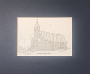 Mount Olivet Church Gratton Virginia matted pen and ink print - (c)2022 Robert E Duff Sr - duffcreations.com 