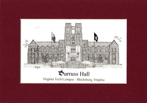 Burruss Hall Home of the Virginia Tech Campus - Personalized Pen & Ink Prints - Choose from (2) Sizes - Year and (2) framing options