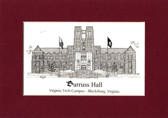 Burruss Hall Home of the Virginia Tech Campus - Personalized Pen & Ink Prints - Choose from (2) Sizes - Year and (2) framing options