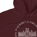 BLACKSBURG VIRGINIA - Home of Virginia Tech Campus - Burruss Hall Hoodie - (circle design)  Virginia Polytechnic Institute and State University Blacksburg, VA